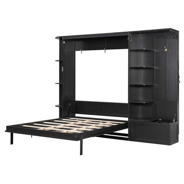English Elm Queen Murphy Wall Bed with Oak Veneer Cabinetry Led Lighting Shelves for Small Spaces Black LP000635AAB