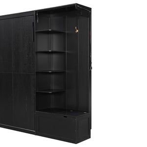 English Elm Queen Murphy Wall Bed with Oak Veneer Cabinetry Led Lighting Shelves for Small Spaces Black LP000635AAB