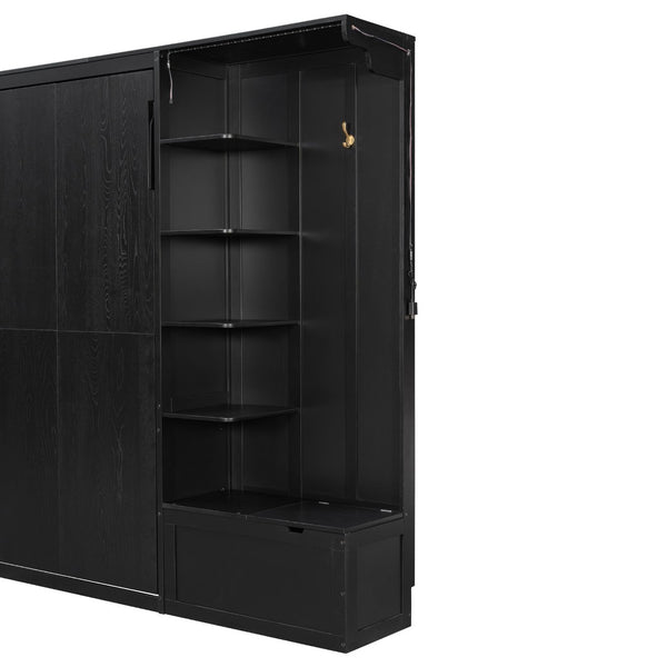 English Elm Queen Murphy Wall Bed with Oak Veneer Cabinetry Led Lighting Shelves for Small Spaces Black LP000635AAB