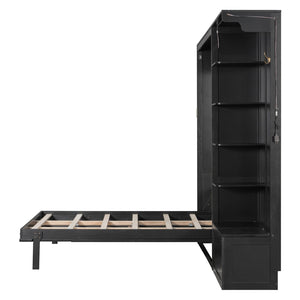 English Elm Queen Murphy Wall Bed with Oak Veneer Cabinetry Led Lighting Shelves for Small Spaces Black LP000635AAB