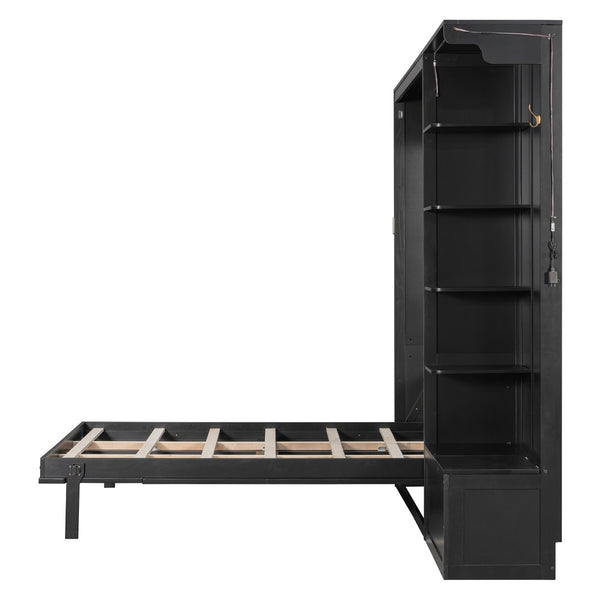 English Elm Queen Murphy Wall Bed with Oak Veneer Cabinetry Led Lighting Shelves for Small Spaces Black LP000635AAB