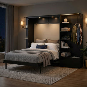 English Elm Queen Murphy Wall Bed with Oak Veneer Cabinetry Led Lighting Shelves for Small Spaces Black LP000635AAB