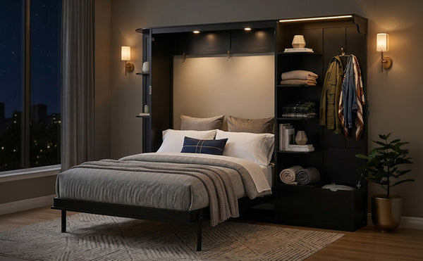 English Elm Queen Murphy Wall Bed with Oak Veneer Cabinetry Led Lighting Shelves for Small Spaces Black LP000635AAB