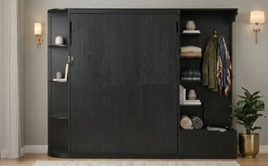 English Elm Queen Murphy Wall Bed with Oak Veneer Cabinetry Led Lighting Shelves for Small Spaces Black LP000635AAB