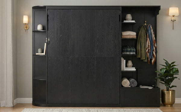 English Elm Queen Murphy Wall Bed with Oak Veneer Cabinetry Led Lighting Shelves for Small Spaces Black LP000635AAB