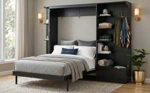 English Elm Queen Murphy Wall Bed with Oak Veneer Cabinetry Led Lighting Shelves for Small Spaces Black LP000635AAB