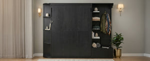 English Elm Queen Murphy Wall Bed with Oak Veneer Cabinetry Led Lighting Shelves for Small Spaces Black LP000635AAB