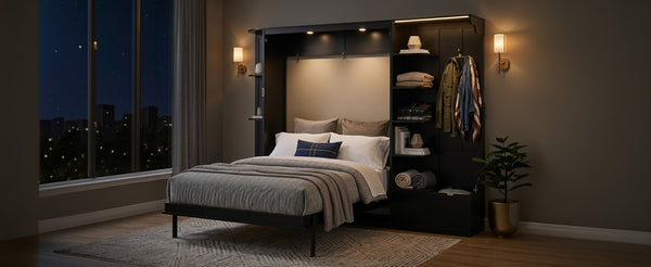 English Elm Queen Murphy Wall Bed with Oak Veneer Cabinetry Led Lighting Shelves for Small Spaces Black LP000635AAB