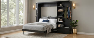 English Elm Queen Murphy Wall Bed with Oak Veneer Cabinetry Led Lighting Shelves for Small Spaces Black LP000635AAB