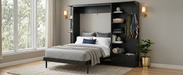 English Elm Queen Murphy Wall Bed with Oak Veneer Cabinetry Led Lighting Shelves for Small Spaces Black LP000635AAB