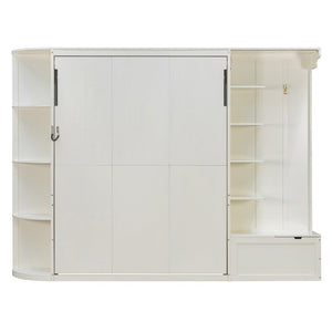 English Elm Queen Murphy Wall Bed with Oak Veneer Cabinetry Led Lighting Shelves for Small Spaces White LP000635AAK