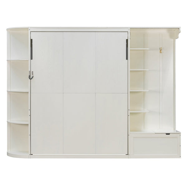 English Elm Queen Murphy Wall Bed with Oak Veneer Cabinetry Led Lighting Shelves for Small Spaces White LP000635AAK