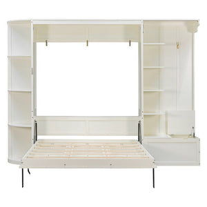 English Elm Queen Murphy Wall Bed with Oak Veneer Cabinetry Led Lighting Shelves for Small Spaces White LP000635AAK