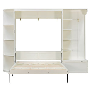 English Elm Queen Murphy Wall Bed with Oak Veneer Cabinetry Led Lighting Shelves for Small Spaces White LP000635AAK