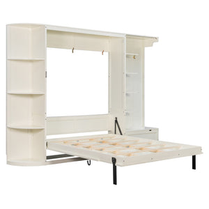 English Elm Queen Murphy Wall Bed with Oak Veneer Cabinetry Led Lighting Shelves for Small Spaces White LP000635AAK
