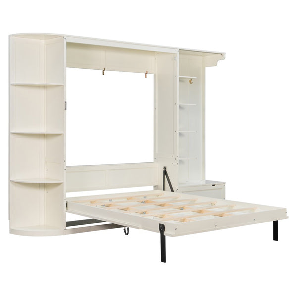 English Elm Queen Murphy Wall Bed with Oak Veneer Cabinetry Led Lighting Shelves for Small Spaces White LP000635AAK