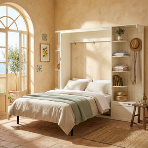 English Elm Queen Murphy Wall Bed with Oak Veneer Cabinetry Led Lighting Shelves for Small Spaces White LP000635AAK