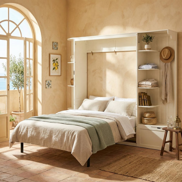 English Elm Queen Murphy Wall Bed with Oak Veneer Cabinetry Led Lighting Shelves for Small Spaces White LP000635AAK