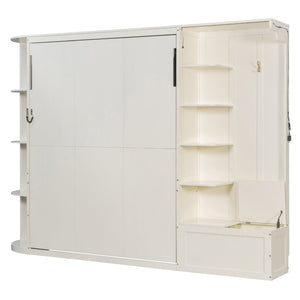 English Elm Queen Murphy Wall Bed with Oak Veneer Cabinetry Led Lighting Shelves for Small Spaces White LP000635AAK