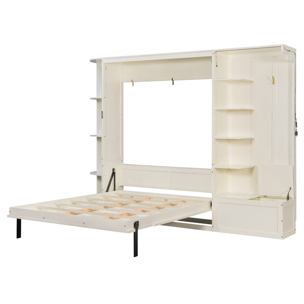 English Elm Queen Murphy Wall Bed with Oak Veneer Cabinetry Led Lighting Shelves for Small Spaces White LP000635AAK