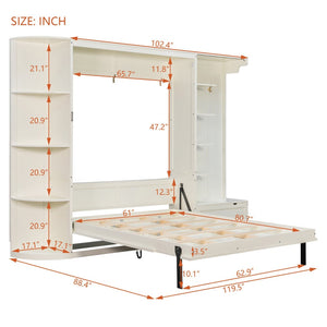 English Elm Queen Murphy Wall Bed with Oak Veneer Cabinetry Led Lighting Shelves for Small Spaces White LP000635AAK