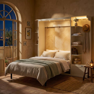 English Elm Queen Murphy Wall Bed with Oak Veneer Cabinetry Led Lighting Shelves for Small Spaces White LP000635AAK