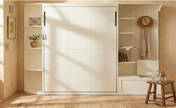 English Elm Queen Murphy Wall Bed with Oak Veneer Cabinetry Led Lighting Shelves for Small Spaces White LP000635AAK