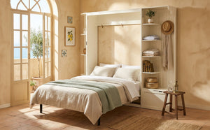 English Elm Queen Murphy Wall Bed with Oak Veneer Cabinetry Led Lighting Shelves for Small Spaces White LP000635AAK
