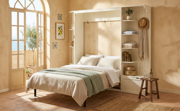 English Elm Queen Murphy Wall Bed with Oak Veneer Cabinetry Led Lighting Shelves for Small Spaces White LP000635AAK