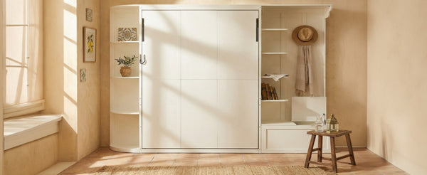 English Elm Queen Murphy Wall Bed with Oak Veneer Cabinetry Led Lighting Shelves for Small Spaces White LP000635AAK