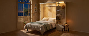 English Elm Queen Murphy Wall Bed with Oak Veneer Cabinetry Led Lighting Shelves for Small Spaces White LP000635AAK