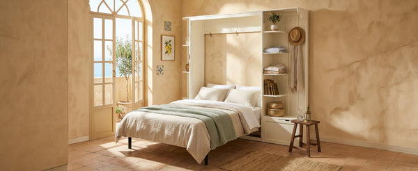 English Elm Queen Murphy Wall Bed with Oak Veneer Cabinetry Led Lighting Shelves for Small Spaces White LP000635AAK