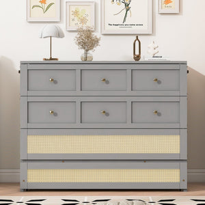 English Elm Full Size Wall Murphy Bed with Rattan Panel Cabinet and Storage Drawers for Small Spaces Gray LP000677AAE-1