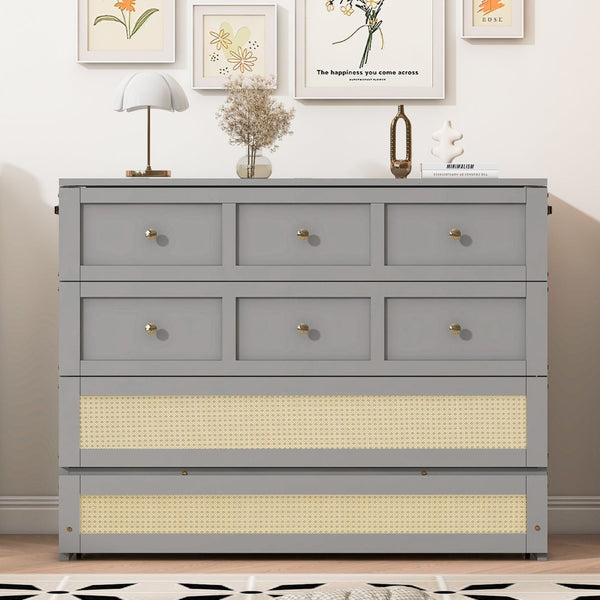 English Elm Full Size Wall Murphy Bed with Rattan Panel Cabinet and Storage Drawers for Small Spaces Gray LP000677AAE-1