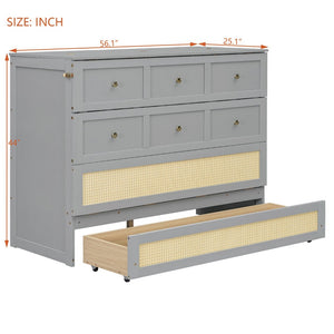 English Elm Full Size Wall Murphy Bed with Rattan Panel Cabinet and Storage Drawers for Small Spaces Gray LP000677AAE-1