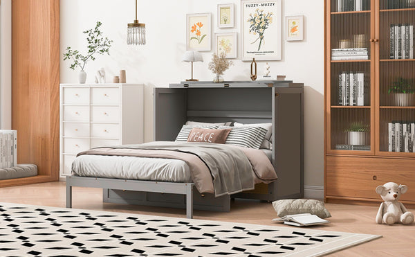 English Elm Full Size Wall Murphy Bed with Rattan Panel Cabinet and Storage Drawers for Small Spaces Gray LP000677AAE-1