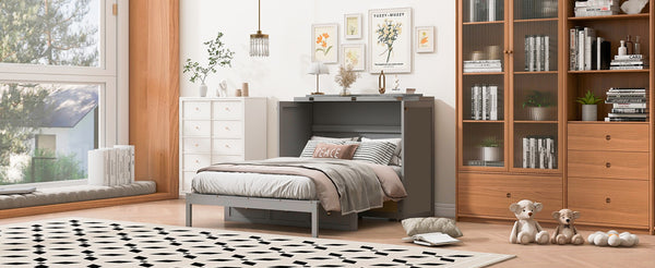 English Elm Full Size Wall Murphy Bed with Rattan Panel Cabinet and Storage Drawers for Small Spaces Gray LP000677AAE-1