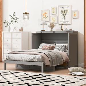 English Elm Full Size Wall Murphy Bed with Rattan Panel Cabinet and Storage Drawers for Small Spaces Gray LP000677AAE-1