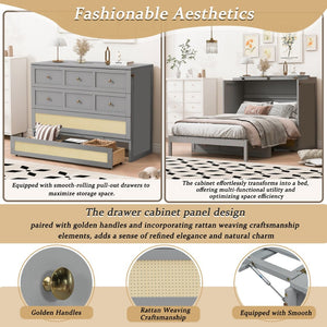 English Elm Full Size Wall Murphy Bed with Rattan Panel Cabinet and Storage Drawers for Small Spaces Gray LP000677AAE-1