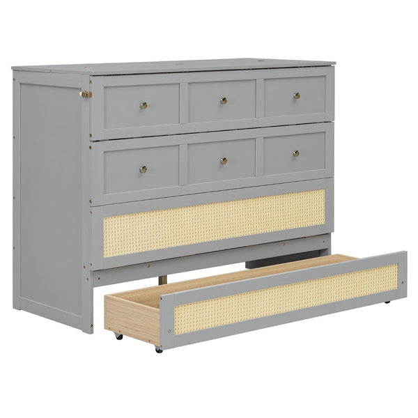 English Elm Full Size Wall Murphy Bed with Rattan Panel Cabinet and Storage Drawers for Small Spaces Gray LP000677AAE-1
