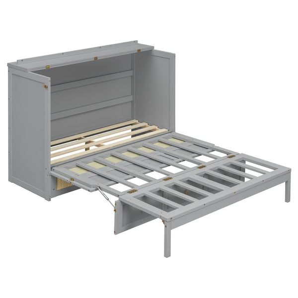 English Elm Full Size Wall Murphy Bed with Rattan Panel Cabinet and Storage Drawers for Small Spaces Gray LP000677AAE-1