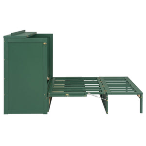 English Elm Full Size Wall Murphy Bed with Rattan Panel Cabinet and Storage Drawers for Small Spaces Green LP000677AAF-1