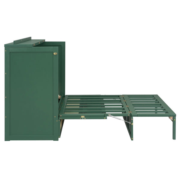 English Elm Full Size Wall Murphy Bed with Rattan Panel Cabinet and Storage Drawers for Small Spaces Green LP000677AAF-1