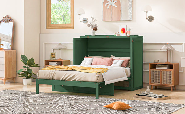 English Elm Full Size Wall Murphy Bed with Rattan Panel Cabinet and Storage Drawers for Small Spaces Green LP000677AAF-1