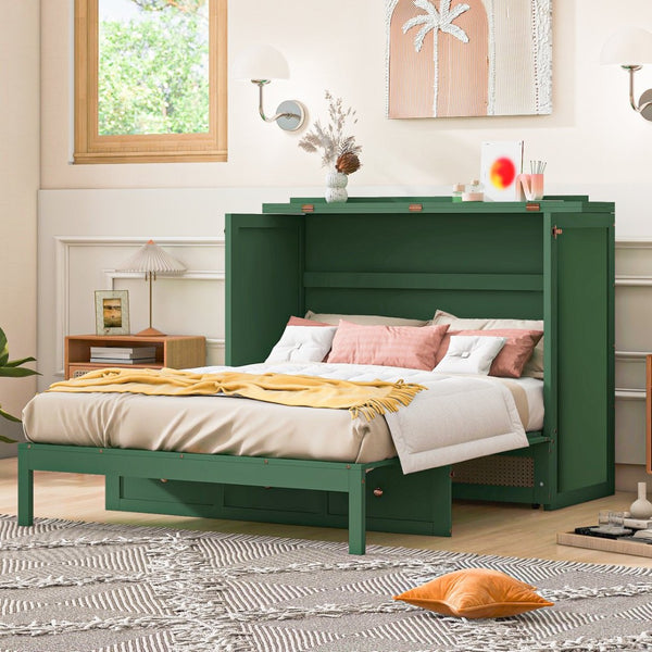 English Elm Full Size Wall Murphy Bed with Rattan Panel Cabinet and Storage Drawers for Small Spaces Green LP000677AAF-1