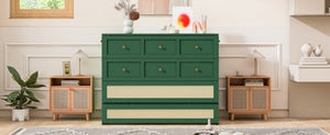 English Elm Full Size Wall Murphy Bed with Rattan Panel Cabinet and Storage Drawers for Small Spaces Green LP000677AAF-1