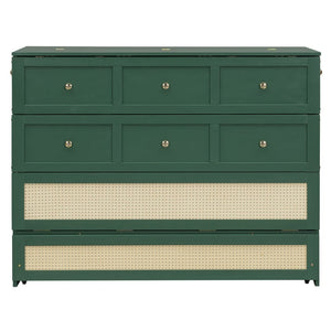 English Elm Full Size Wall Murphy Bed with Rattan Panel Cabinet and Storage Drawers for Small Spaces Green LP000677AAF-1