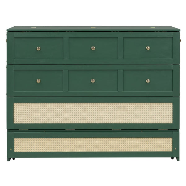 English Elm Full Size Wall Murphy Bed with Rattan Panel Cabinet and Storage Drawers for Small Spaces Green LP000677AAF-1
