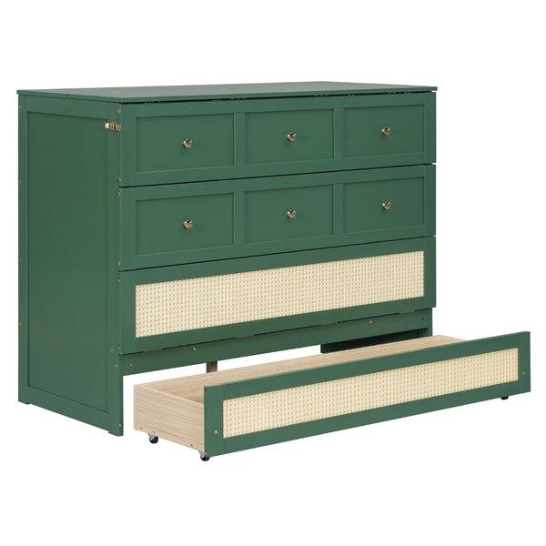English Elm Full Size Wall Murphy Bed with Rattan Panel Cabinet and Storage Drawers for Small Spaces Green LP000677AAF-1