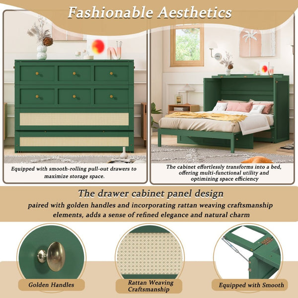 English Elm Full Size Wall Murphy Bed with Rattan Panel Cabinet and Storage Drawers for Small Spaces Green LP000677AAF-1